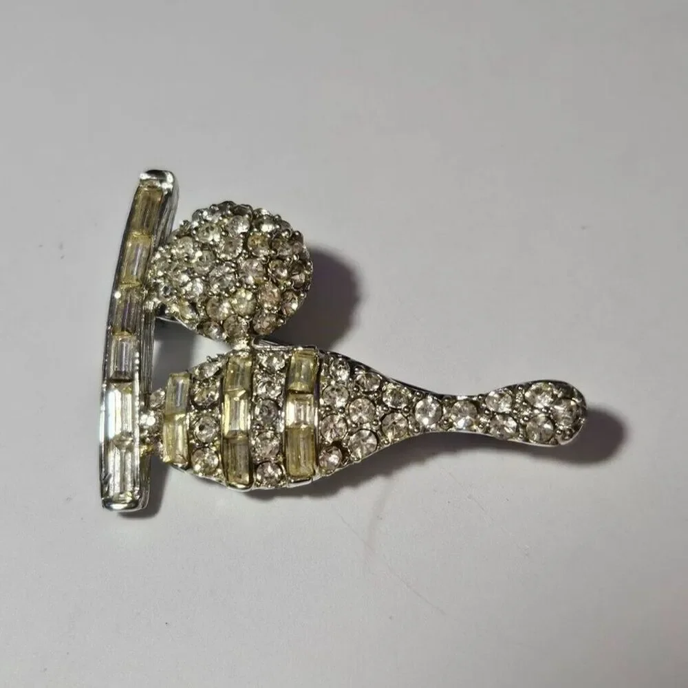 Vintage rhinestone bowling brooch silver tone clear
